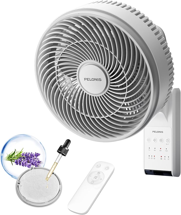 PELONIS 14 inch Wall Mount Fan with Remote Control, Osicllating Fan with 26ft Powerful Airflow, 3 Speed & 3 Modes, Auto 90° Horizontal & 68° Vertical Tilt, Indoor, 36dB, Ideal for Home, Garage, Gym