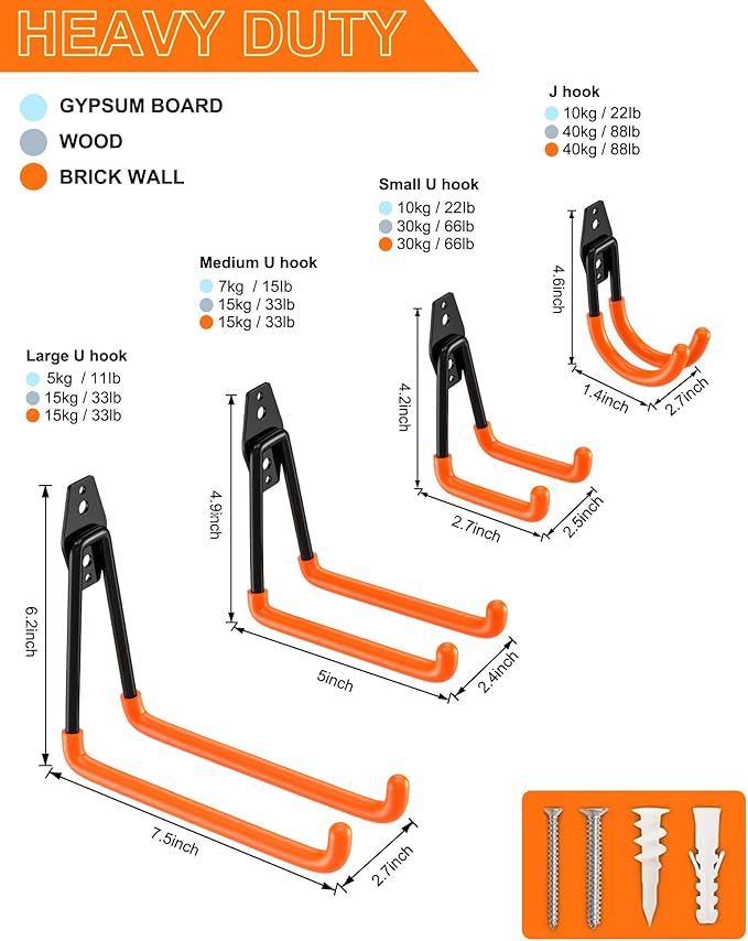 QcoQce 11 Pack Garage Hooks Heavy Duty with 2 Extension Cord Straps,Garage Storage Hooks, Wall Mount Hooks, Garage Organization and Tool Hangers for Bike, Ladder, Ropes and Garden Tools(Orange)