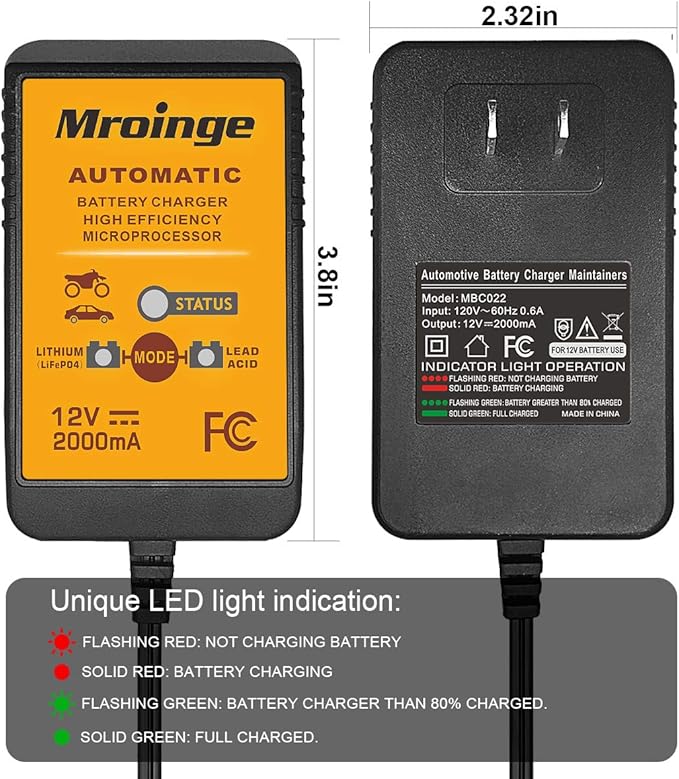 MBC022, 12V 2A Lead Acid & Lithium(LiFePO4) Automatic Trickle Battery Charger Smart Battery Maintainer for Car Motorcycle Lawn Mower Boat ATV SLA AGM Gel Lithium(LiFePO4) and More Batteries