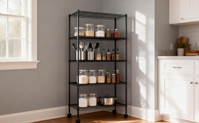 Simple Deluxe 5-Tier Heavy Duty Adjustable Shelf with Wheels, 23.23”W x 13.39”D x 59.45”H,Metal Storage Rack, Easy Tool-Free Assembly for Garage, Warehouse, Basement, Laundry, Black