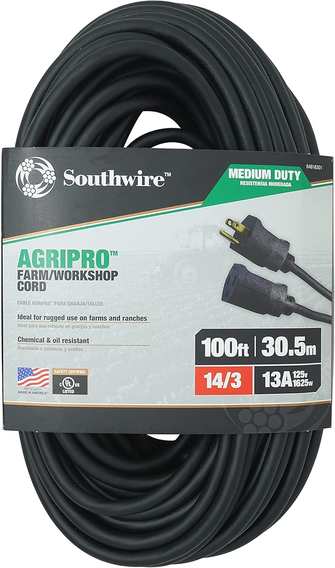 Southwire AGRIPRO Medium Duty Extension Cord, 100Ft, 14 Gauge, 3 Conductor, Farm/Workshop Cord, SJTOW, Black, 64816301