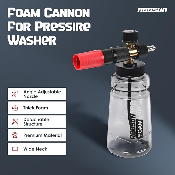 Foam Cannon for Pressure Washer with Wide Mouth, Adjustable Snow Foam Lance for Car Wash, 1/4" Quick Connect, 5 Nozzle Tips, Extra 1.1mm Orifice for Thick Foam