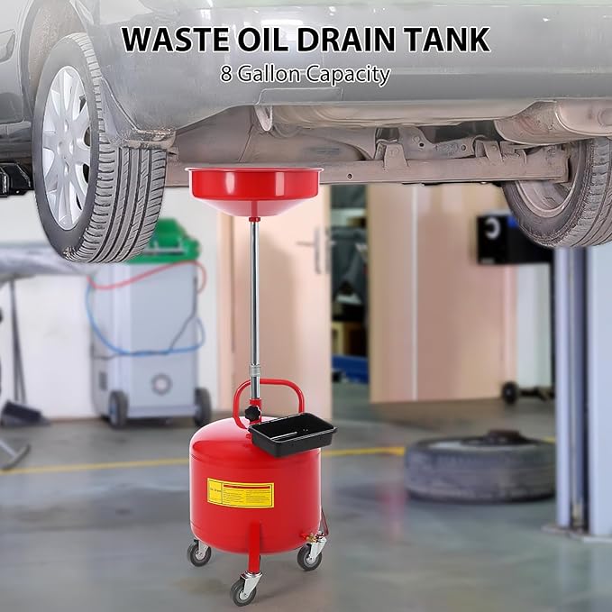 20 Gallon Oil Drain Tank, Fluid Fuel Transfer Tank, Portable Oil Drain Container, Air Operated Drainer with Wheels and a Toolbox, Adjustable Funnel Height (8 Gallon-Red)