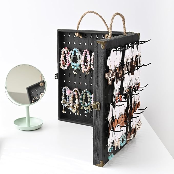 MOOCA Wooden Foldable and Portable 2 Panel Pegboard Jewelry Display Organizer with 48 Removable Black Metal Hooks & Convenient Rope Handle for Easy Carrying, Dual-Sided Panels for Hanging, Black Color