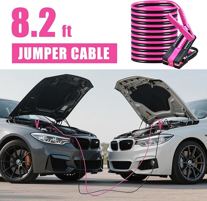 Car Roadside Emergency Kit, Vehicle Truck Safety Emergency Road Side Assistance Kits with Jumper Cables, Auto Air Compressor Tire Inflator, Pink