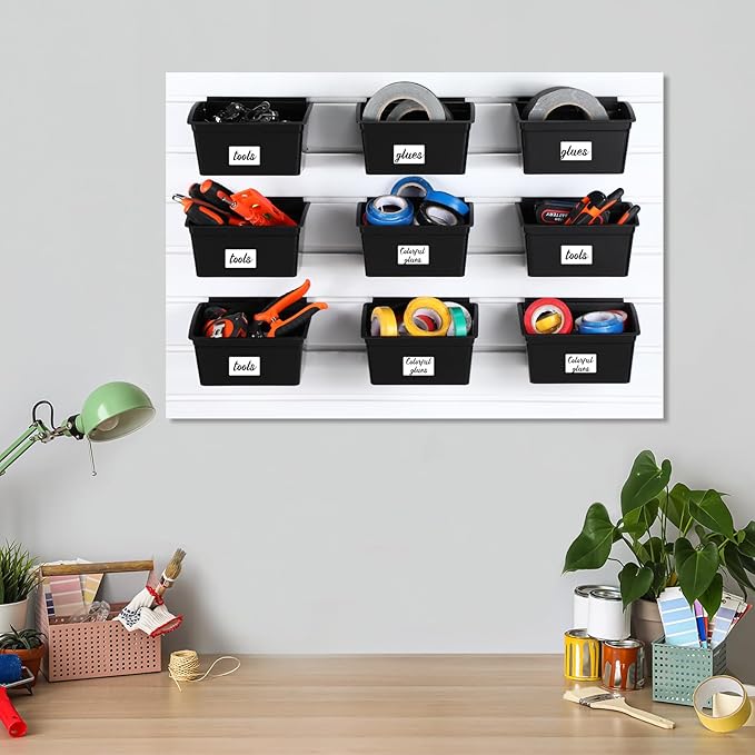 Mifoci 12 Pcs Storage Bins for PVC Slatwall Plastic Bin with Stickers Pens Slatwall Accessories for Organizing Hardware Craft Storage Tool Organizer Garage Craft Room Tool Shed(Black)