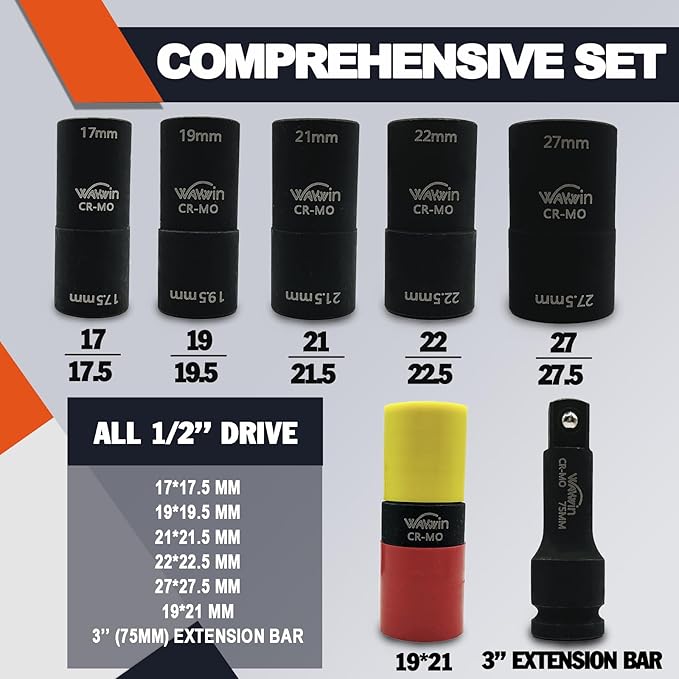 2-1 Double Ended Damaged Wheel Nut Socket 1/2-Inch Impact Socket Wall Impact Flip Socket 7 Piece Set 17 x 17.5mm 19 x 19.5mm 21 x 21.5mm 22 x 22.5mm 27 x 27.5mm 19 x 21mm 5" extension bar