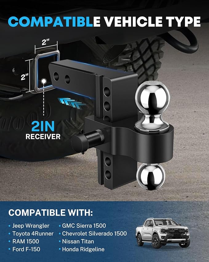 Kohree 2-in-1 Adjustable Trailer Hitch for 2-Inch Receiver, 6" Heavy Duty Aluminum Hitch Kit with 2 Balls (2-5/16" & 2"), 12,500 lbs GTW, Black Anti-Rattle Lock & Security Pins, Fits Trucks, SUV, RVs