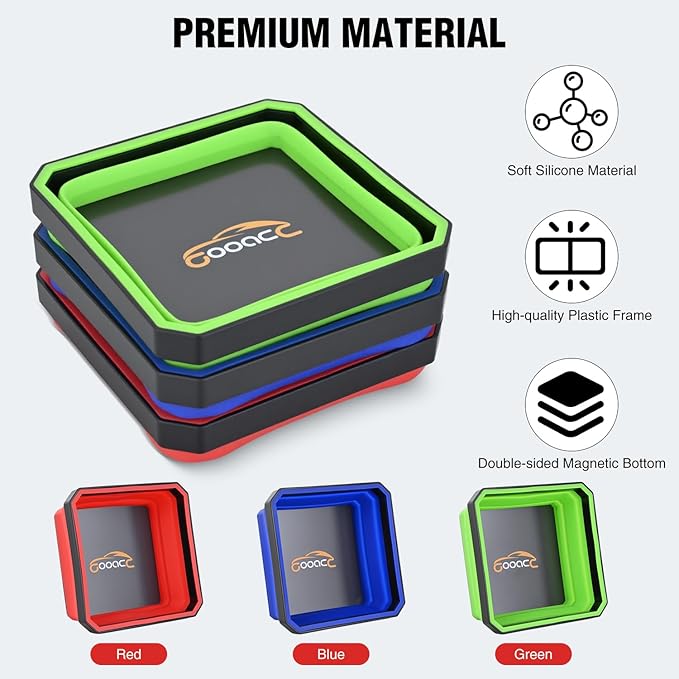 GOOACC 3 Pcs Square Collapsible Magnetic Parts Tray Set Multiple Colors Silicone Foldable Tool Trays Organizer for Screws Bolts Nuts Pins Washers and Other Small Metal Parts Double Sided Magnet Base