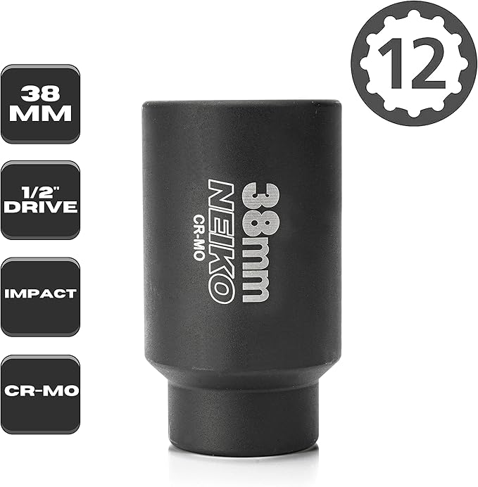 NEIKO 02528A 38mm Socket | 1/2” Drive Deep Impact Socket | Spindle & Axle Nut Socket | 12 Point |Chrome Molybdenum Cr-Mo |Deep Well Hub | Triple Square | Axle Shaft Nut Remover
