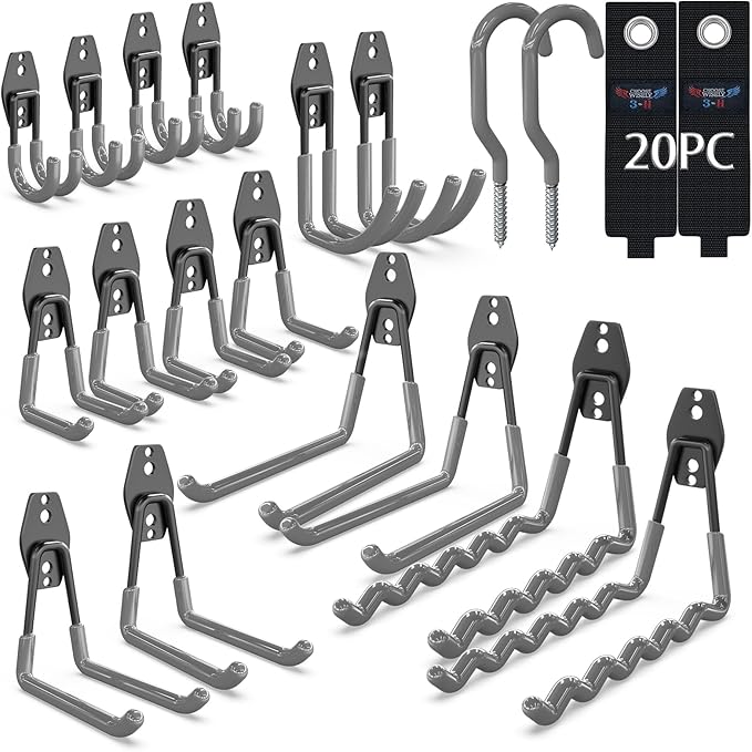 3-H Garage Wall Hooks 20 Pack,Garage Hooks Heavy Duty,Garage Storage Hooks for Hanging and Organizing Garden,Lawn,Yard Tools,Chairs,Ladders,Weed Eater,Shovel,Blower(Gray)