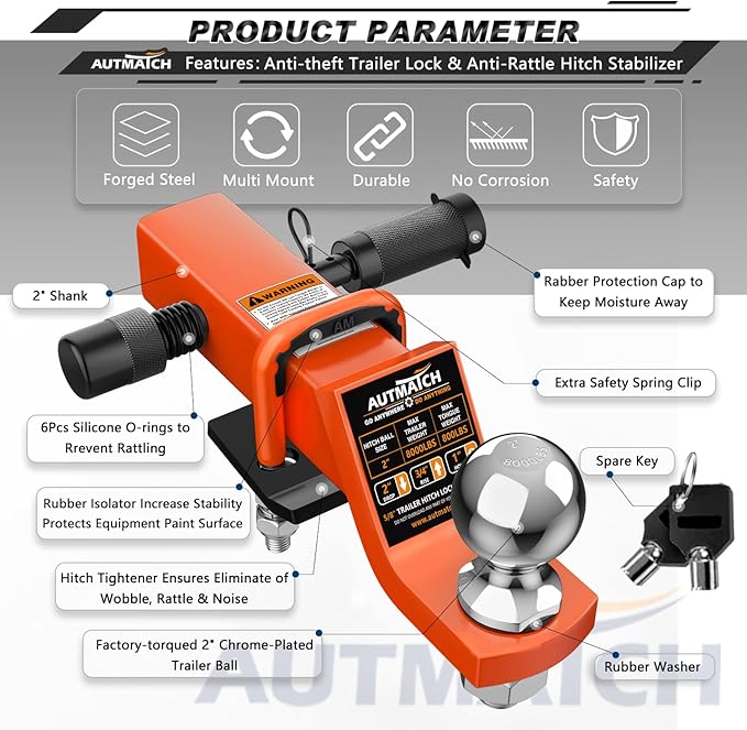 AUTMATCH Trailer Hitch Ball Mount with 2 Inch Hitch Ball - Fits 2" Receiver with Hitch Tightener, 8000Lbs Capacity Ball Hitch, 2-Inch Drop with 5/8" Hitch Lock Pin, Orange