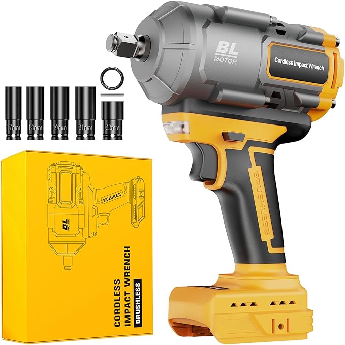 Labfintom Cordless Impact Wrench 1/2 Inch for De-Walt 20V Battery, 1200N.m High Torque Brushless Electric Impact Gun, 3-Speed, 5 Sockets, Power Impact Driver for Car Tires, Auto Repair(No Battery)