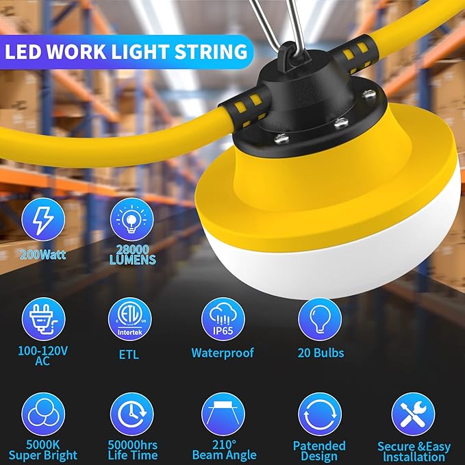 New 200FT Construction String Lights LED Industrial Grade Best for Construction Sites,Renovation, Walkways,Patio,Mine cave,Outdoor Lighting Solutions Use,Free for Climbing Hook 2Prong