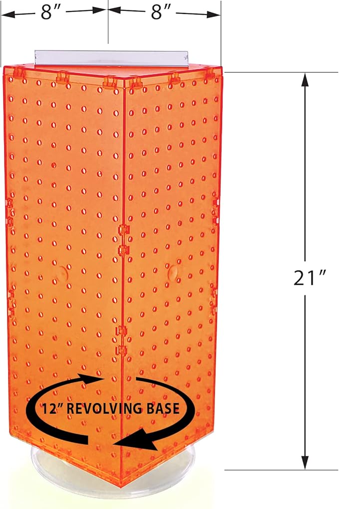 Azar Displays 703385-ORG-4C24, Four-Sided Revolving 8" W x 20" H Pegboard Counter Display w/ 24 Hooks- 4” Length, Orange