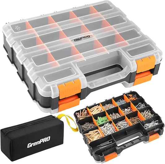 GRENPRO Mini Tool Box Organizer, Plastic Small Tool Box with Dividers, Double Side Bead Organizer, 34-Compartments Hardware Screw Organizers, Parts Tool Organizers Storage