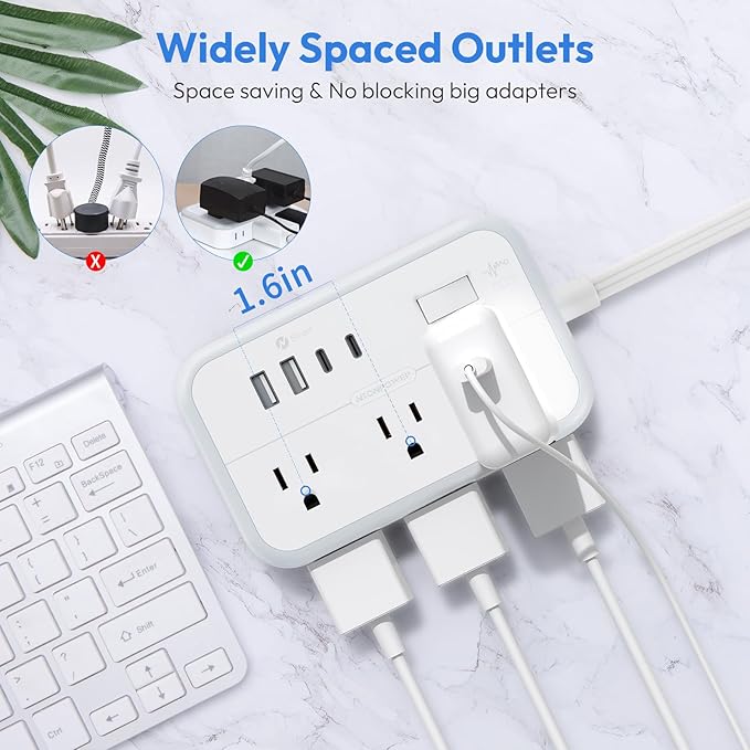 Extension Cord 15 ft, Power Strip with 6 Outlets 4 USB Charger(2 USB C Port), Flat Plug Outlet Extender Long Cord, Protection for Indoor, Home, Office Supplies, Dorm Room Essentials