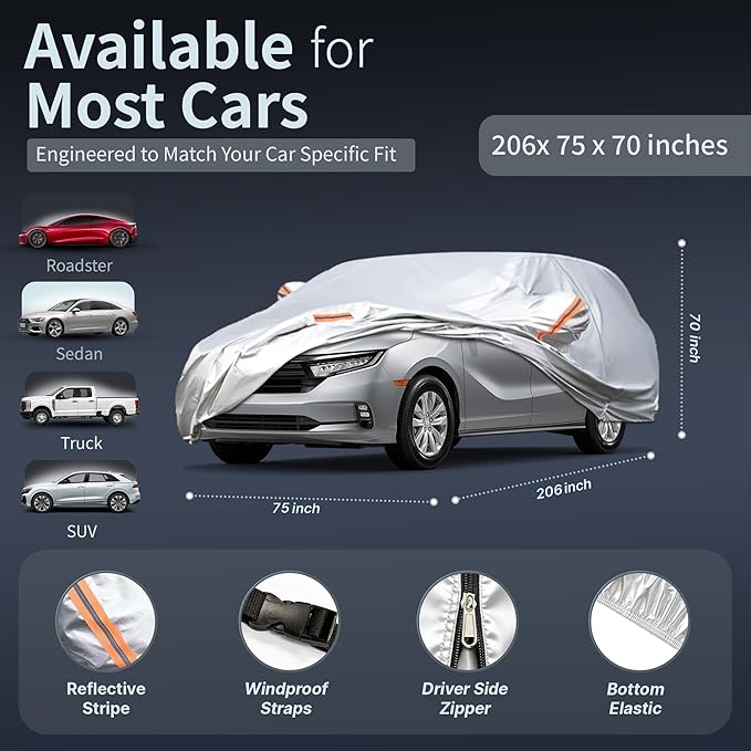 Car Cover Waterproof All-Weather,Heavy-Duty Outdoor Full Exterior Automobiles Snow Cover for Wagon 200-206 inch,with Sun Visor,Anti-Scratch Cotton Lining & Zippered,Towel&Storage Bag
