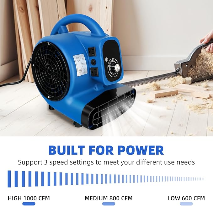 Air Mover, 1/4 HP 1000 CFM Carpet Dryer for Cooling and Ventilating, Portable Floor Blower Fan with 4 Blowing Angles and Time Function, for Janitorial, Home, Commercial Use