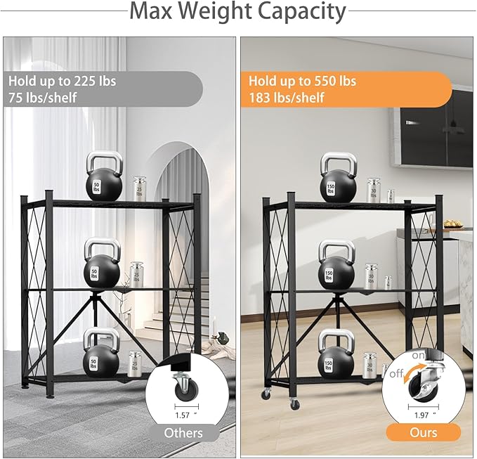 3 Tier Foldable Storage Shelf with Wheels, Heavy Duty Garage Shelving Unit Loads 550 LBS, Metal Steel Collapsible Shelves, Rolling Standing Utility Rack for Kitchen, Pantry, Office, Black