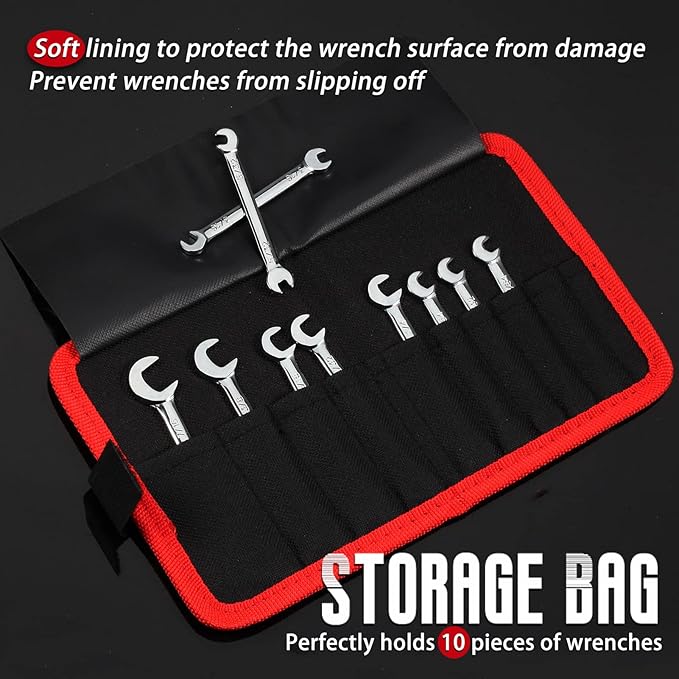 Mini Double Open End Wrench Set SAE 10 Pcs 5/32" to 7/16" with Portable Storage Pouches Mirror Chrome Finish Super Thin Open Ended Spanner Double Angle Head for Small Fasteners