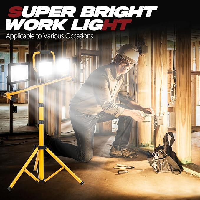 22000 Lumen Work Lights with Stand, 3 Adjustable Head LED Work Light, with Adjustable and Foldable Tripod Stand, Waterproof Lamp with Individual Switch with 6500 Kelvin Color （3head Yellow）