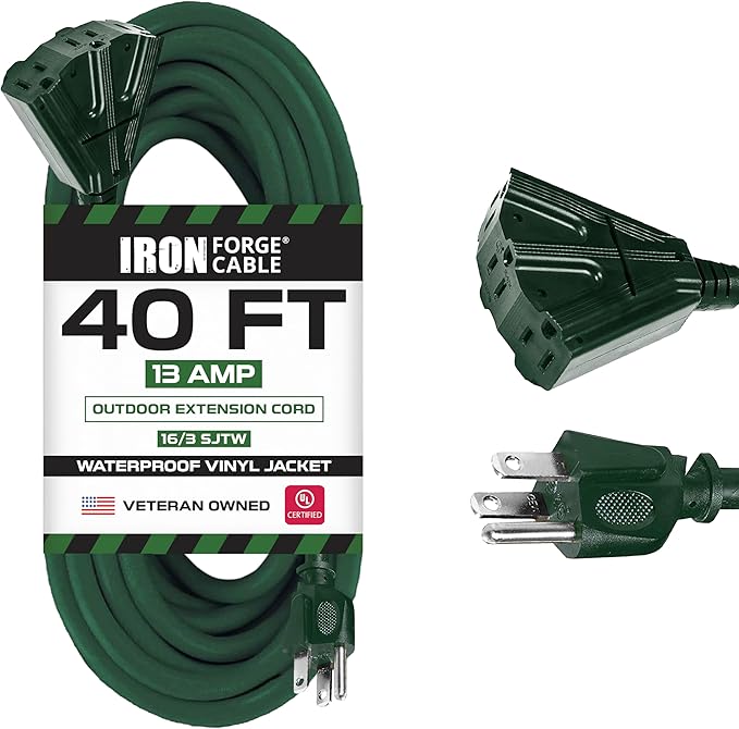 IRON FORGE CABLE 40 Foot Outdoor Extension Cord with 3 Electrical Power Outlets - 16/3 SJTW Durable Cable