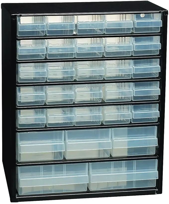 Raaco Steel Storage Cabinet, Standard 30-Drawer, Clear Polypropylene Plastic Drawer – Small Parts Organizer, Screws, Nuts & Bolts, Crafts & Hardware – Tool Cabinet for Workbench & Wall Storage (C9-30)