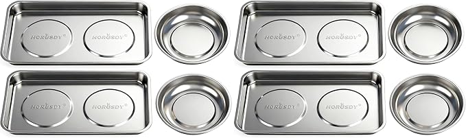 HORUSDY 4-Piece Large Magnetic Parts Tray Set, Stainless Steel Heavy Duty 9.5" W x 5.5''L Square and 4.5" Round Magnetic Trays Tools Parts Tray (Pack of 2)