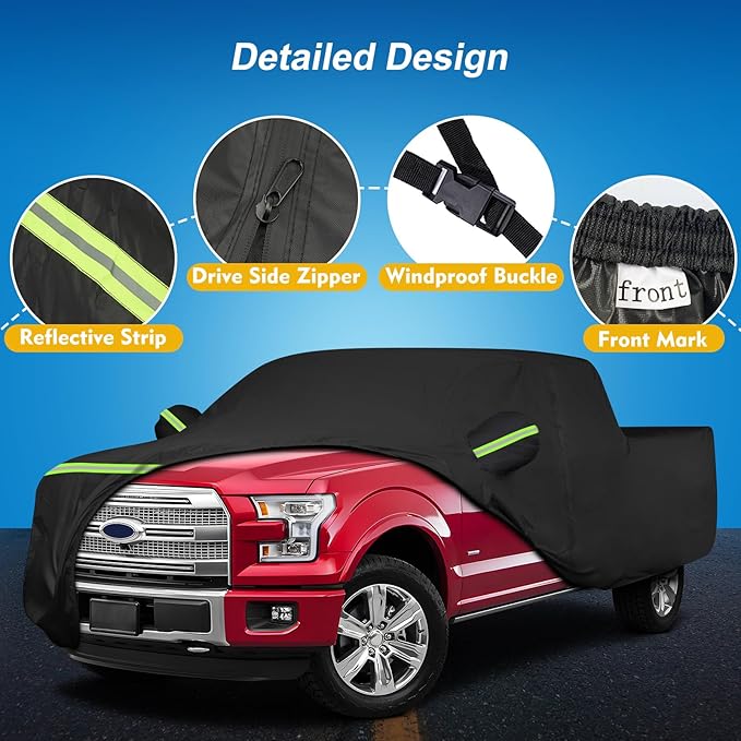 QUNSUNUS F150 Crew Cab Truck Cover 6.5ft Short Bed, Waterproof F150 Truck Cover with Zipper and Straps, Compatible with RAM 1500 Crew Cab 6.4ft 2019-2025
