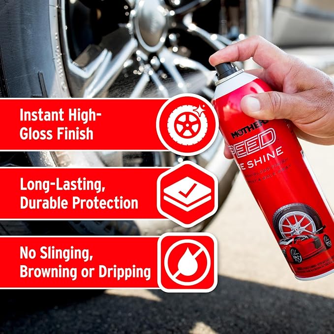 Mothers Speed Tire Shine, 15 oz. Aerosol — Long-Lasting, High-Gloss “Just Dressed” Finish — No Sling, Browning or Run, Fast & Easy Application — Micro-Emulsion Resins, Premium Silicones (16915)