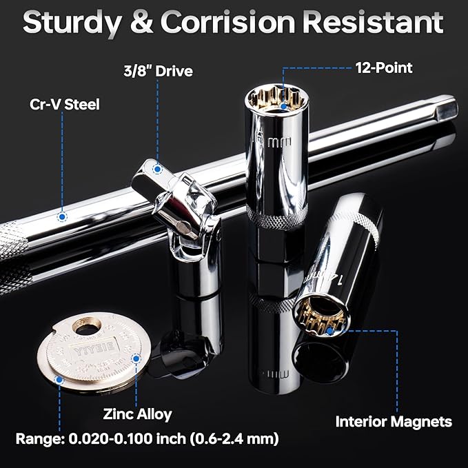 3/8-Inch Drive Torque Wrench Set, 10-45 FT.LB (13.6-61Nm), Magnetic Spark Plug Socket Set, 12-Point Sockets 14mm & 16mm, Spark Plug Gap Tool, ±3% Accuracy, 72-Tooth Torque Wrench for Motor, Car Repair