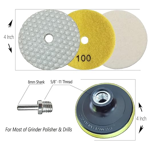 4 Inch Dry Diamond Polishing Pads Set - 1 Box of 34 Piece Dry/Wet Granite Sanding Pad for Bufffing Marble Quartz Concrete Stone Tiles Used for Grinder Polisher Drill