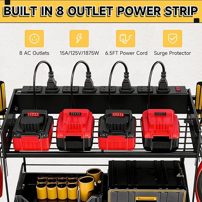 Power Tool Organizer Wall Mount, 2 Layers Heavy Duty 4 Cordless Drill Holder Tool Storage Rack with 8 Power Strip Battery Charging Station,Pliers Screwdrivers Organizer for Garage, Workshop,Tool Room