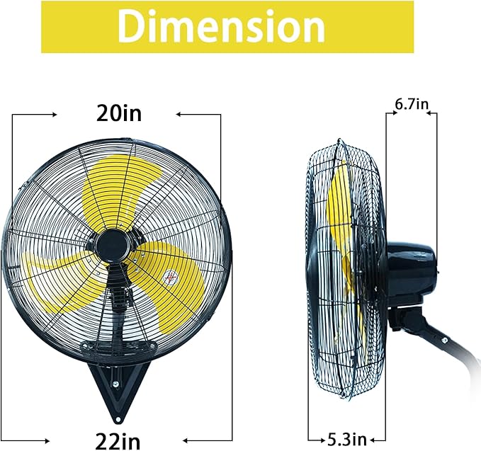 AZOUTDOOR Wall Mount Fan, 20" Oscillating Wall Fan with 7000CFM, 3-Speed, Upgrade Motor High Velocity Industrial Fans for Commercial, Garage, Residential and Patio Use, Yellow