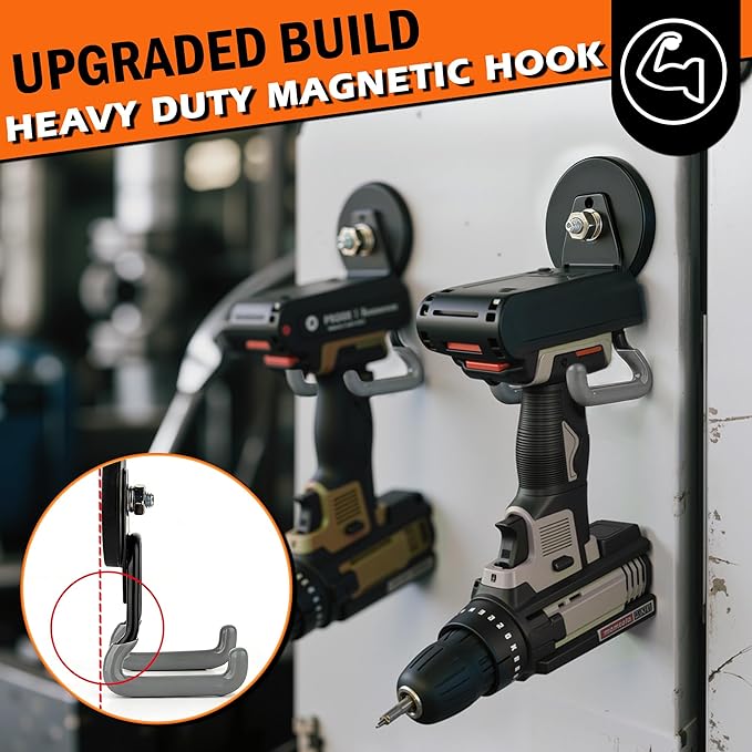 ULIBERMAGNET Upgraded Heavy Duty Magnetic Hooks,4 Pack Strong Large Magnet Hook for Power Drill,Garden Tools,Hose,Pegboard,Garage,Workshop,Magnetic Storage Hooks for Indoor Outdoor Hanging(Gray)