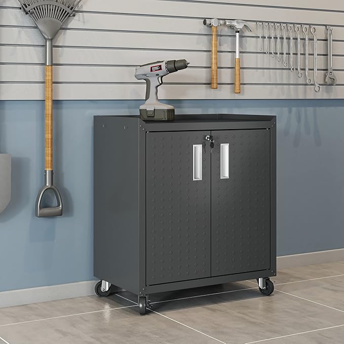 Manhattan Comfort Fortress Textured Metal 31.5" Garage Mobile Cabinet with 2 Adjustable Shelves in Charcoal Grey