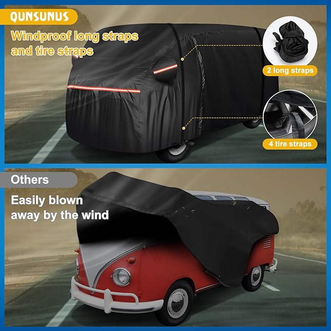 QUNSUNUS Waterproof Car Cover for VW Bus T1 T2 T3 1950-1992, Outdoor Car Covers with Zipper, All Weather Full Exterior Cover with Straps for Wind, Sun, UV and Dust Protection