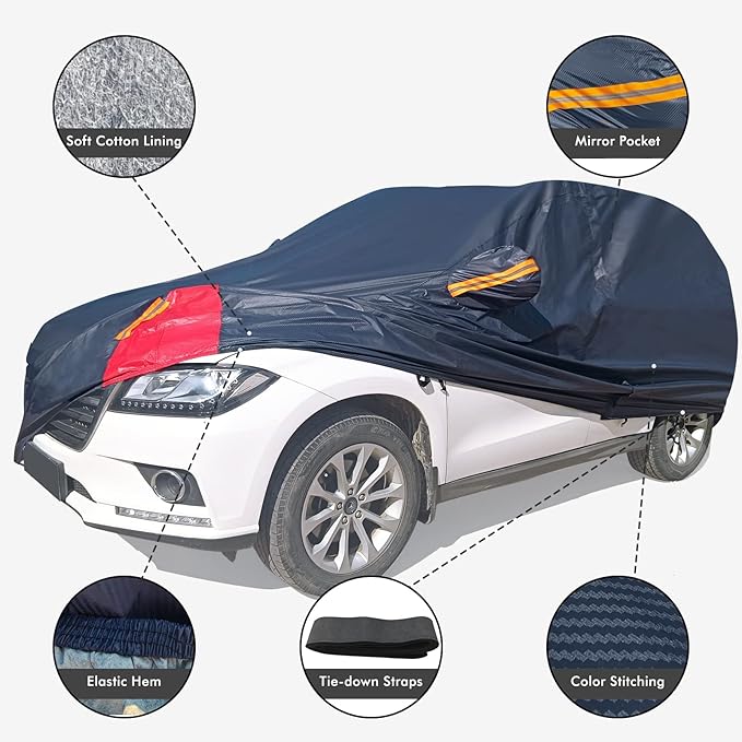 Car Cover Waterproof All Weather for Automobiles, 6 Layers Outdoor Full Exterior Cover Rain Sun UV Snowproof Protection with Zipper Cotton, Mirror Pocket for SUV (185-190 inch)