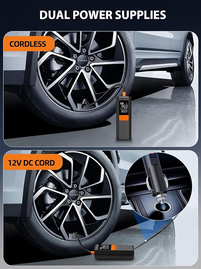 AIRSURE Tire Inflator Portable Air Compressor, 5X Faster Air Pump for Car Tires, 150PSI Cordless Tire Pump with Powerful Battery, Digital Gauge, 12V DC & Auto Shut-Off for Car, Bike, Motorcycle, Balls