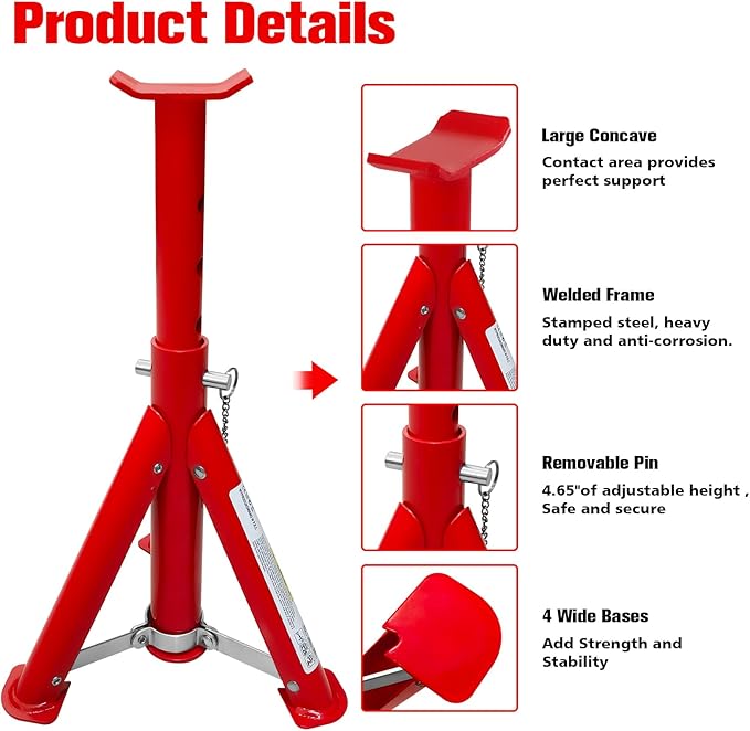 YATOINTO Foldable Jack Stands 3 Ton (6,600 LBs), 11.42"-16.06" Adjustable Height with Mobility Safety Pin,Car Jack Stand for Home&Garage, Workshops,Lifting SUV, Pickup Truck,UTV/ATV, Red, 1 Pair