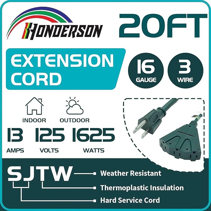3-Outlets Indoor Outdoor Extension Cord Weatherproof, UL Certified, 16 Gauge 20FT Green 3 Prong Heavy Duty, 16/3 SJTW 13A Power Cord