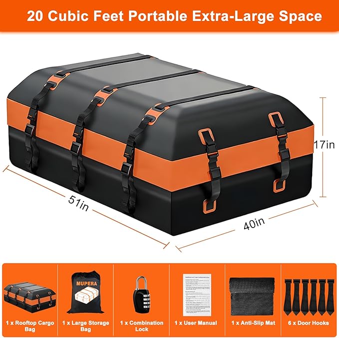 Mupera Car Rooftop Cargo Carrier, 20 Cubic Feet Waterproof PVC Roof Rack Cargo Carrier with Anti-Slip Mat, Combination Lock, Storage Bag, Suitable for Vehicles with or Without Roof Rack