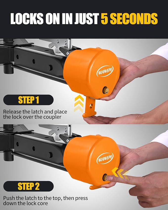 Heavy Duty Anti Theft Trailer Lock, Universal Fit 1-7/8", 2" and 2-5/16" Couplers, Reinforced Solid Steel Tow Lock for Trailer Tongue, Hitch Lock for RV, Cargo, Boat, Camper, Utility (Orange)