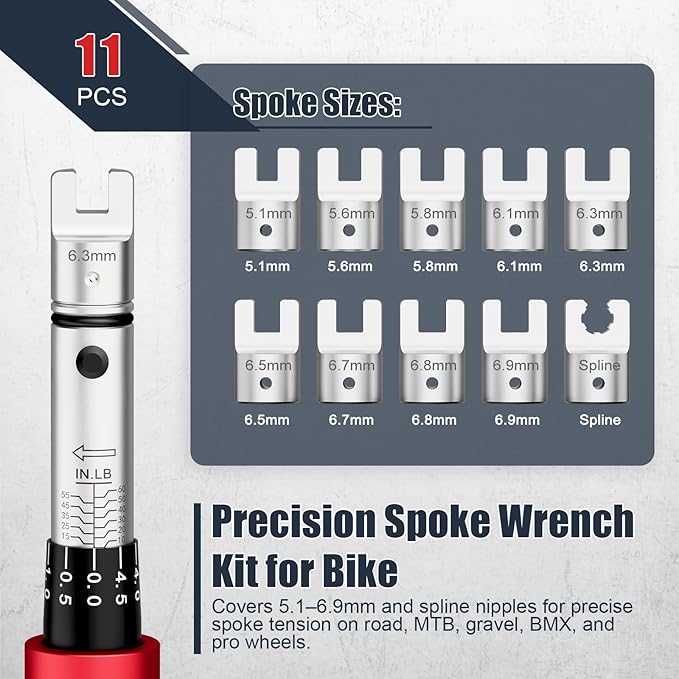 VANPO Spoke Torque Wrench 10–60 in-lb, 1/4" Drive Small Torque Wrench Kit with 9 Spoke Wrench Heads (5.1-6.9mm) & Spline, Motorcycle Spoke Wrench for Mountain, Road Bike & Motorcycle Wheel Maintenance