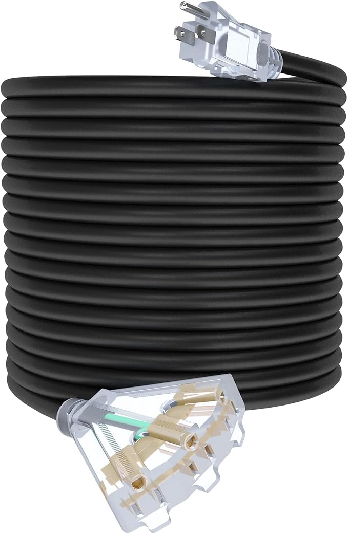 100Ft 12/3 Outdoor Extension Cord with 3-Outlets, Heavy Duty 12 Gauge 3 Prong Extension Cord Waterproof with Lighted end, 15A 12AWG 1875W SJTW, ETL Listed - Great for Garage, Garden and Home, Black
