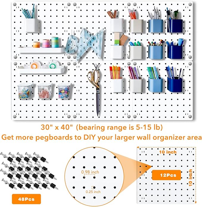 12Pcs Pegboard, Pegboard Wall Organizer, Peg Boards for Walls Craft Room, Pegboard Kits fit Garage Kitchen Workshop, Small Pegboard, Peg Board Organizer Accessories - White Pegboards Panels