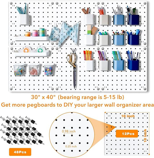 12Pcs Pegboard, Pegboard Wall Organizer, Peg Boards for Walls Craft Room, Pegboard Kits fit Garage Kitchen Workshop, Small Pegboard, Peg Board Organizer Accessories - White Pegboards Panels