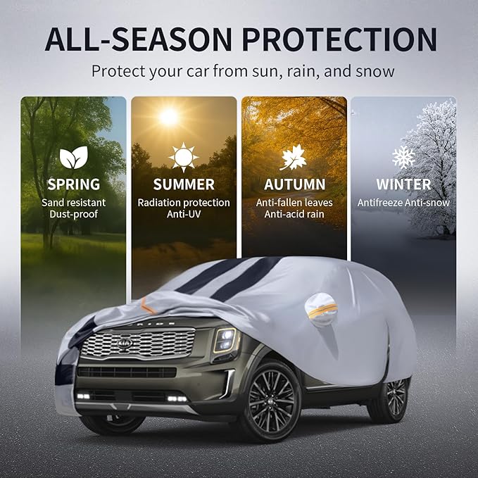 Multi-Layer Car Cover Custom Fit for Kia Telluride(2016-2026), 100% Waterproof All Weather for Automobiles, Gift with Towel, Heavy Duty Car Covers for Rain Sun UV Protection with Door Zipper