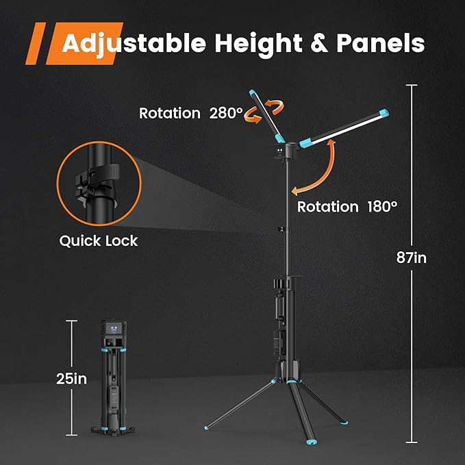 10000 Lumen Work Light with Stand, GoGonova 87'' Rechargeable Dual Power Source Led Work Light with Stand, Dual-Head Led Tripod Work Light with 1500/5000/10000 Lumen, 4000/7000K Dimmable